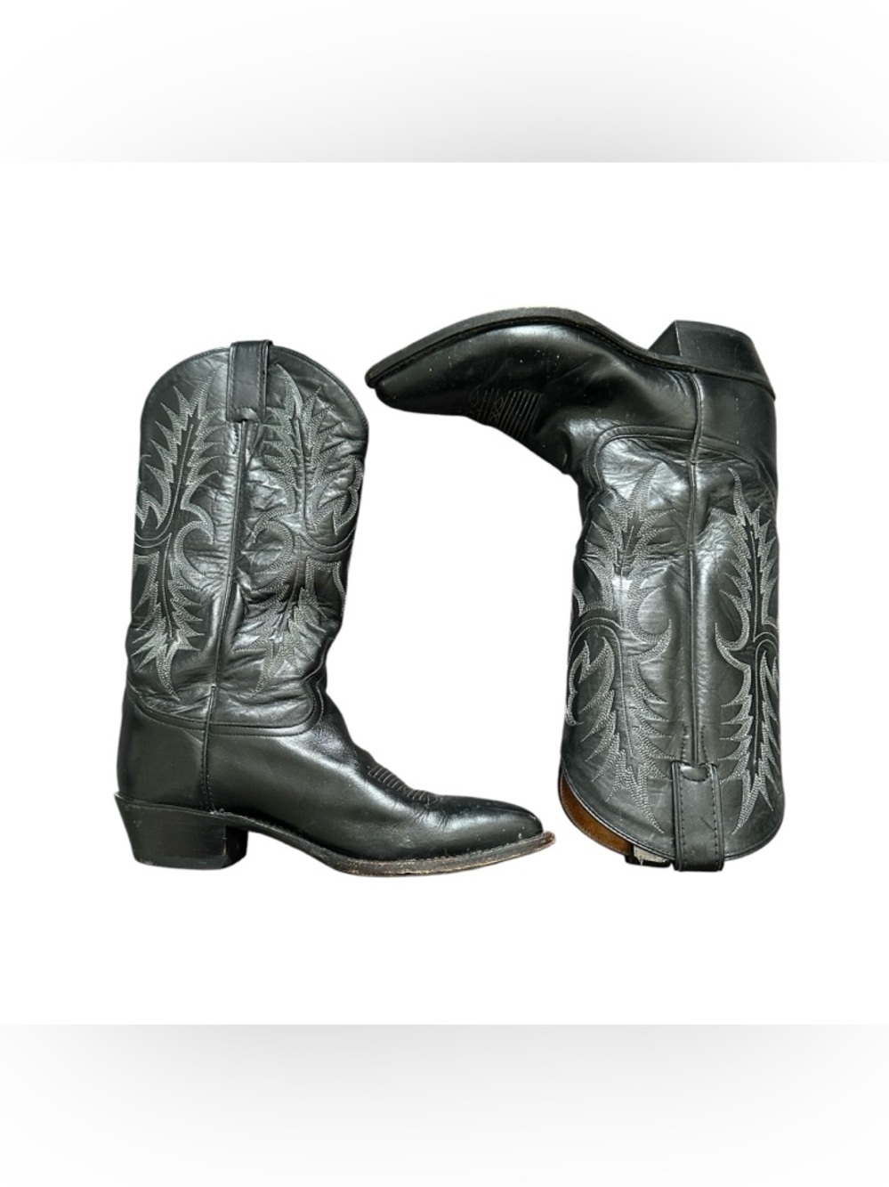 Tony Lama Black Leather Embroidered Cowboy Boots - Men
